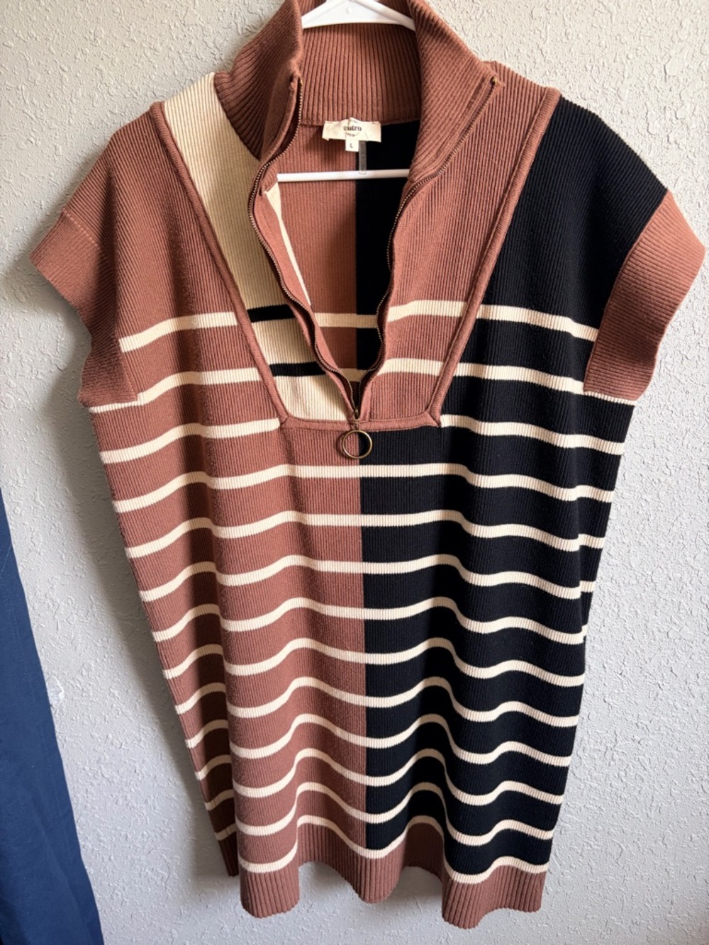 Entro Ribbed Knit Colorblock Sweater Dress Quarter Zip Cap Sleeve Size L